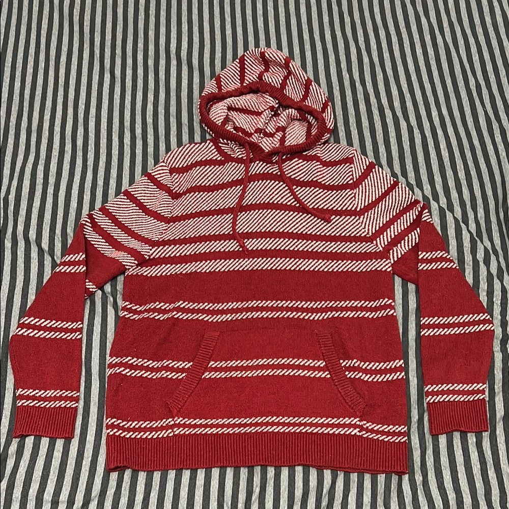 Hollister | Men’s Red And White Striped Hoodie Sweater | Size X-Large